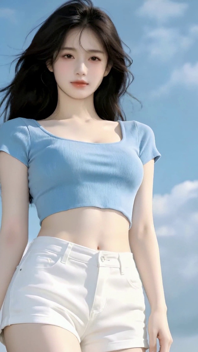 蓝天白云下甜美少女