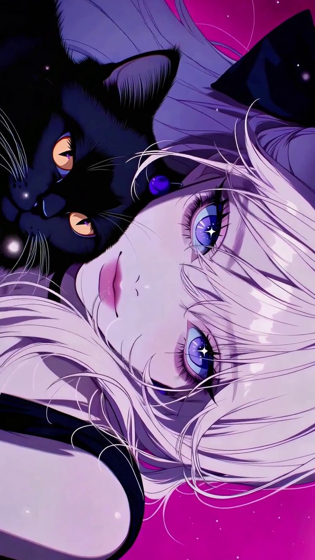 粉紫蓝瞳少女与黑猫