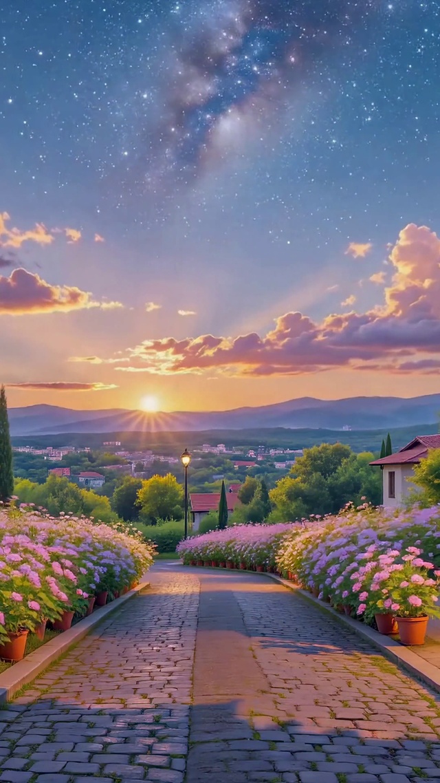 星空黄昏花径小镇治愈风景