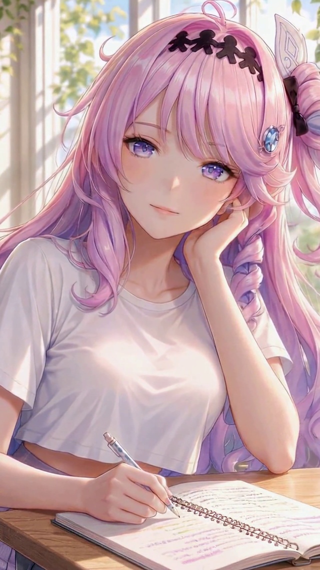 教室窗边学习的粉发美少女