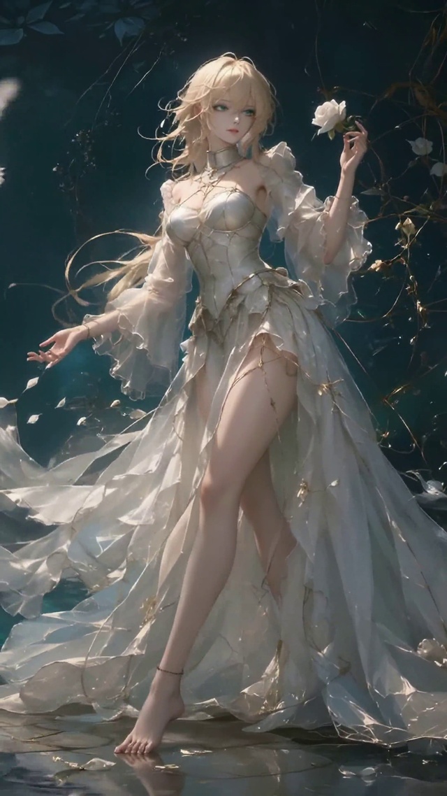 暗夜水边白玫瑰金发美少女