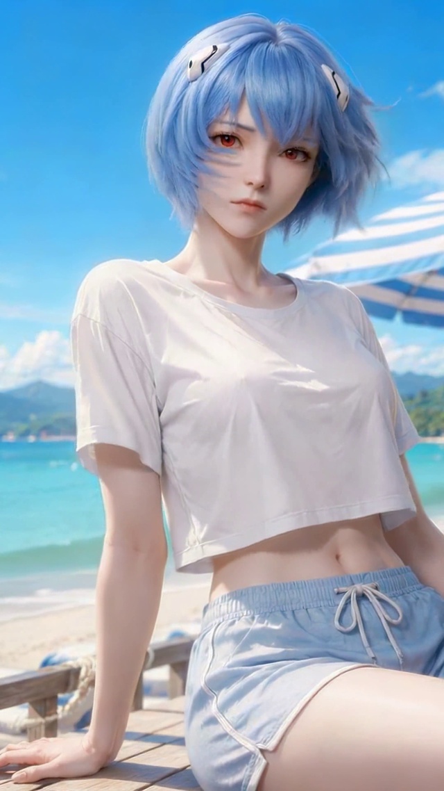 夏日海边蓝发少女