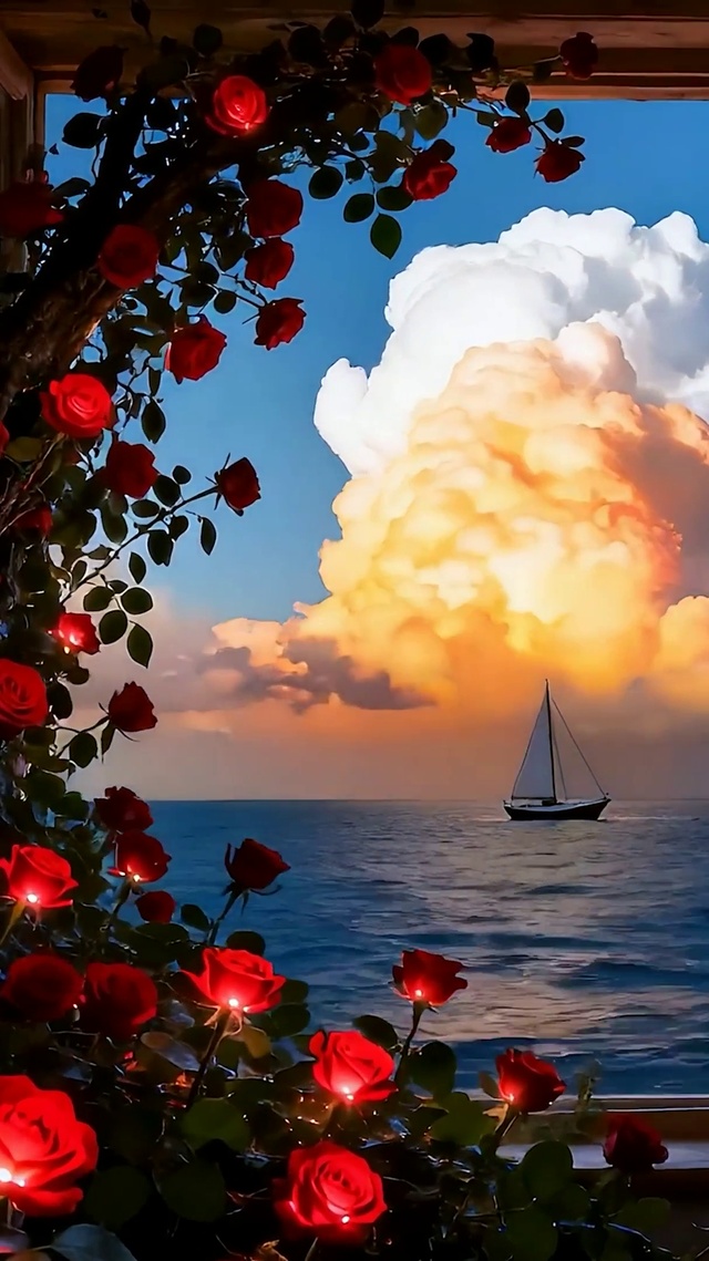 晚霞海景花草