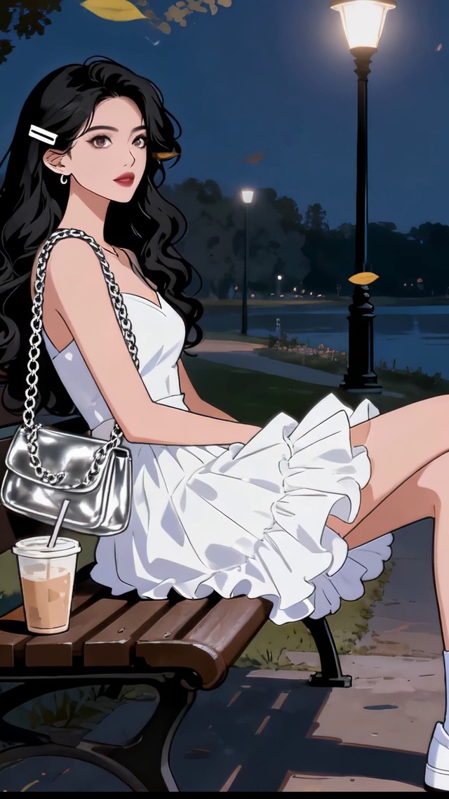 夜灯河畔的优雅美女