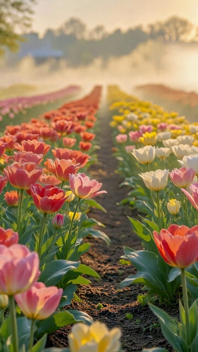 晨雾暖阳郁金香花田