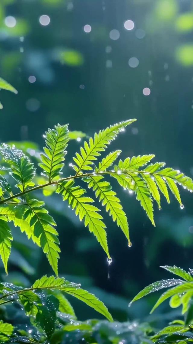 雨后森林里的发光蕨叶