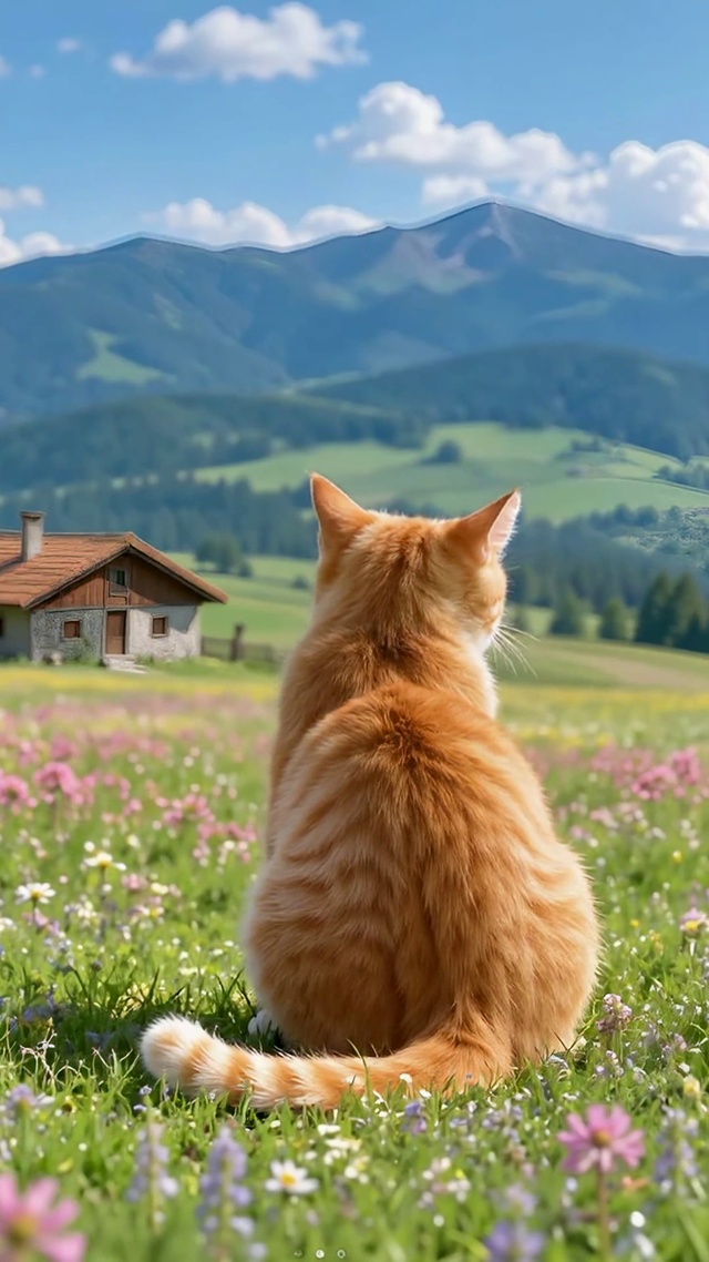 花田橘猫眺望远山风景