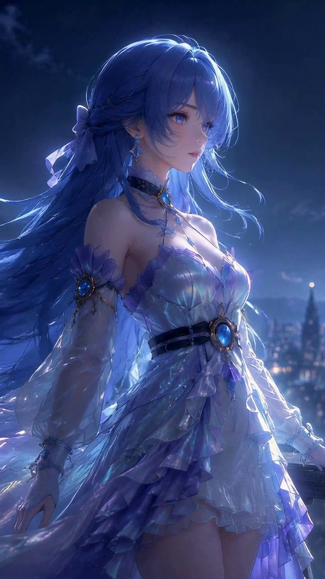 月夜蓝发梦幻美少女