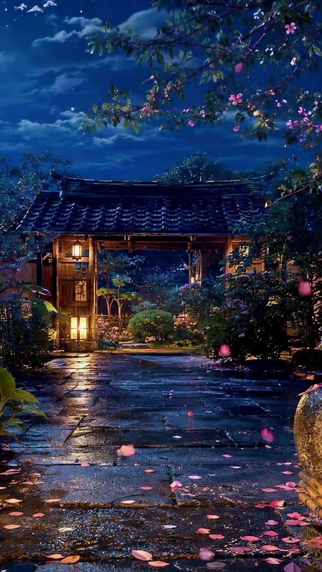 静谧月夜古风庭院夜景