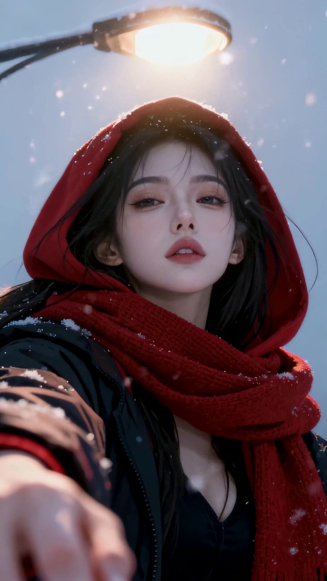 雪夜路灯下的红围巾美少女