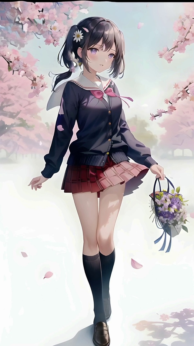 提花篮的樱花少女
