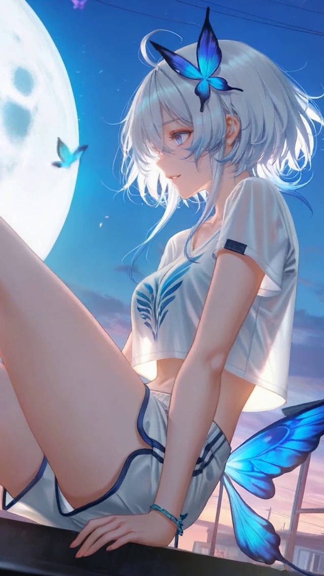 满月夜蓝蝶银发少女守岸人