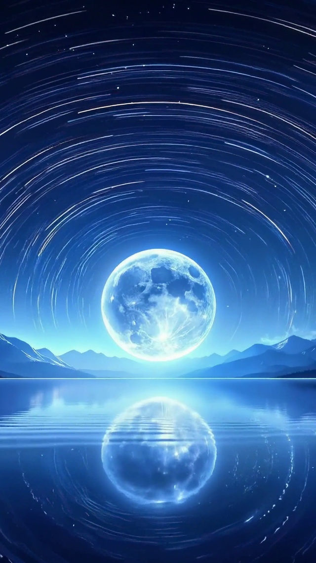 蓝调月夜星轨湖泊风景