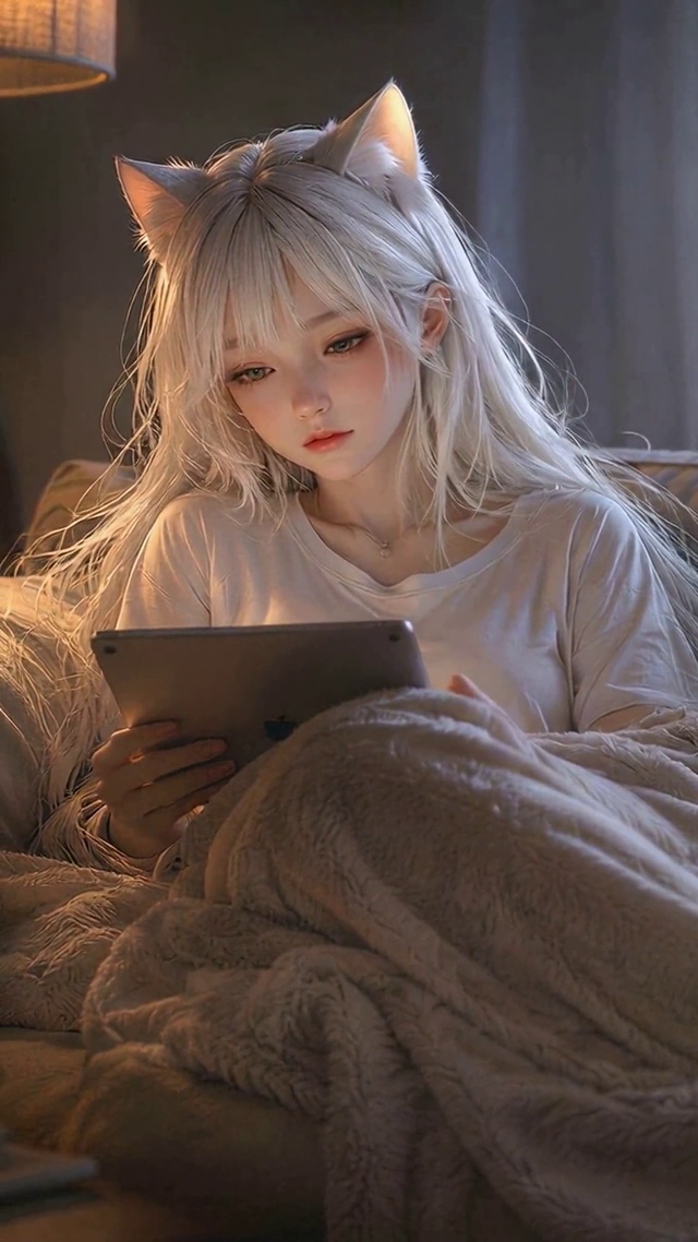 雨夜居家白发猫耳美少女