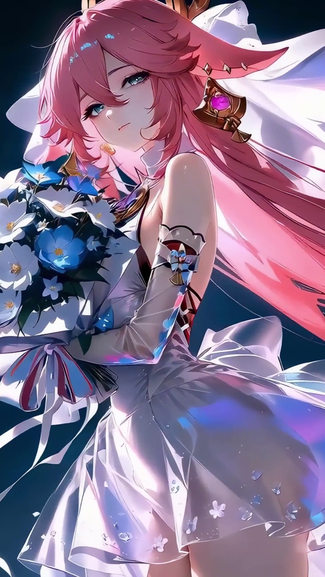 粉发甜美捧花女孩