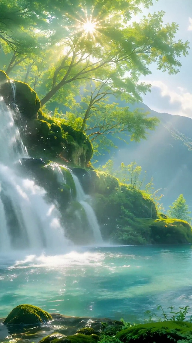 清新治愈山间瀑布自然美景