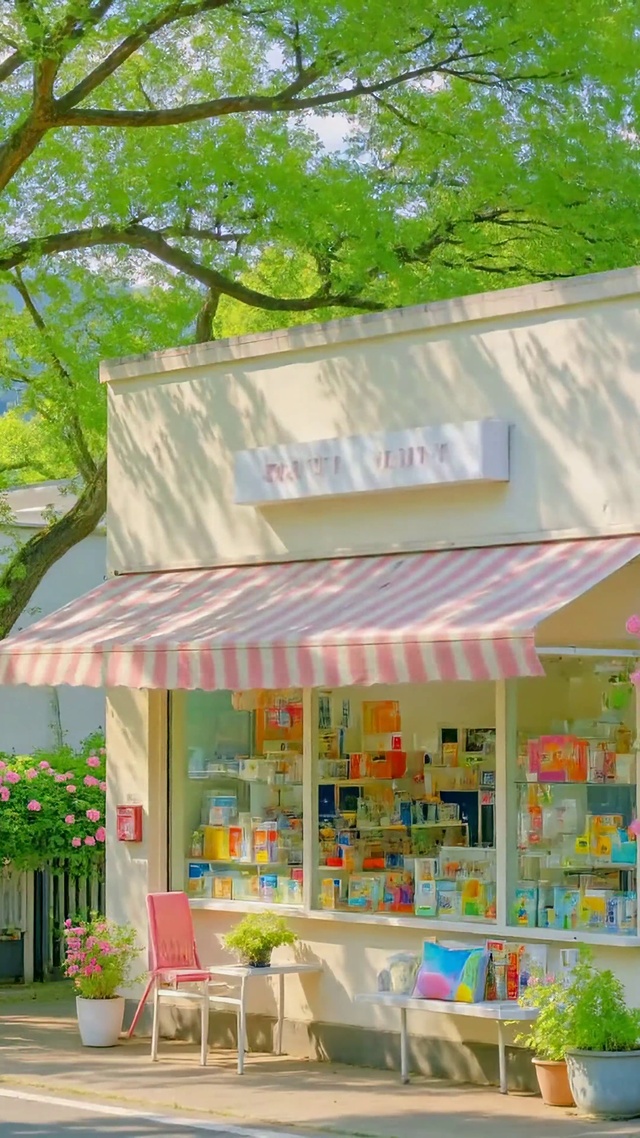 清新治愈湖边街角小店