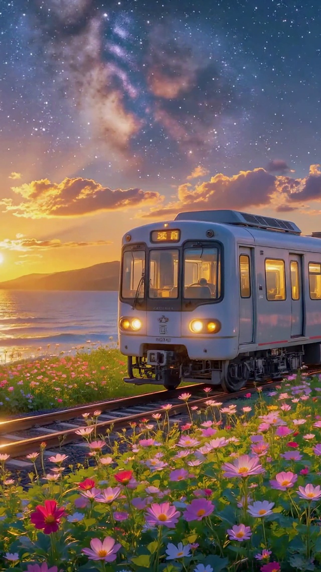 星空落日海滨花田列车