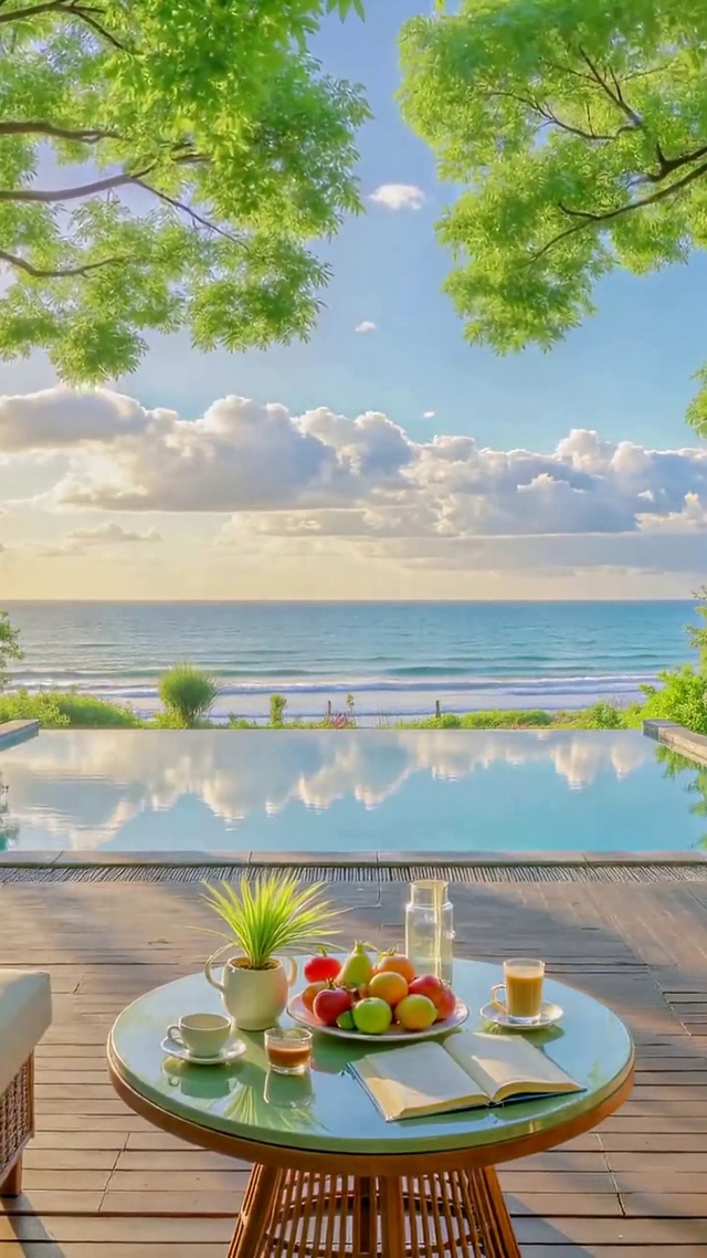 治愈临海庭院清晨海景