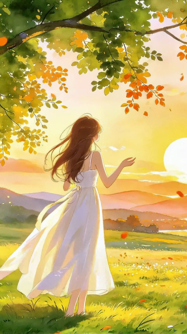 白裙少女眺望夕阳