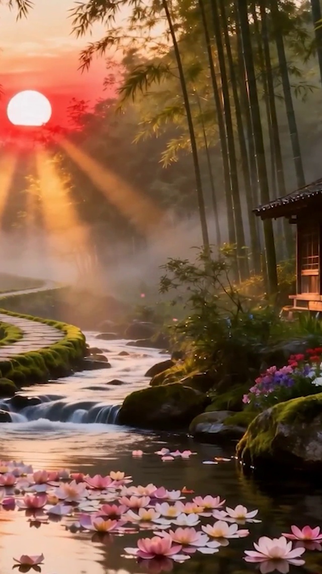 夕阳下竹林河流木屋