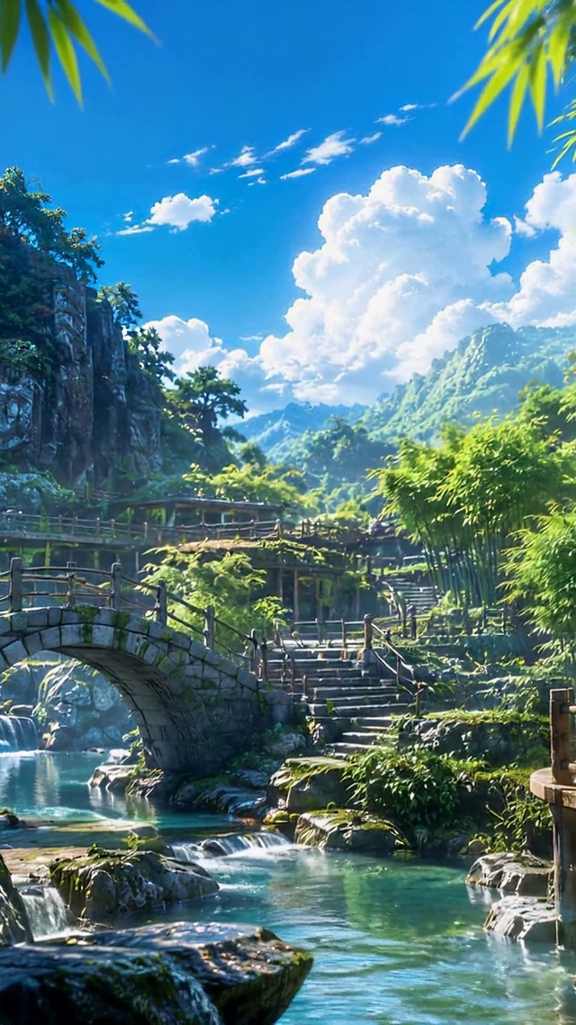 清幽竹林溪流山水美景