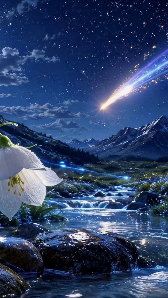 月夜流星溪流治愈风景