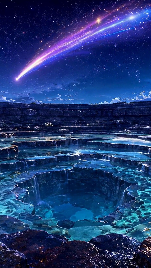 梦幻星空蓝池流星月夜美景