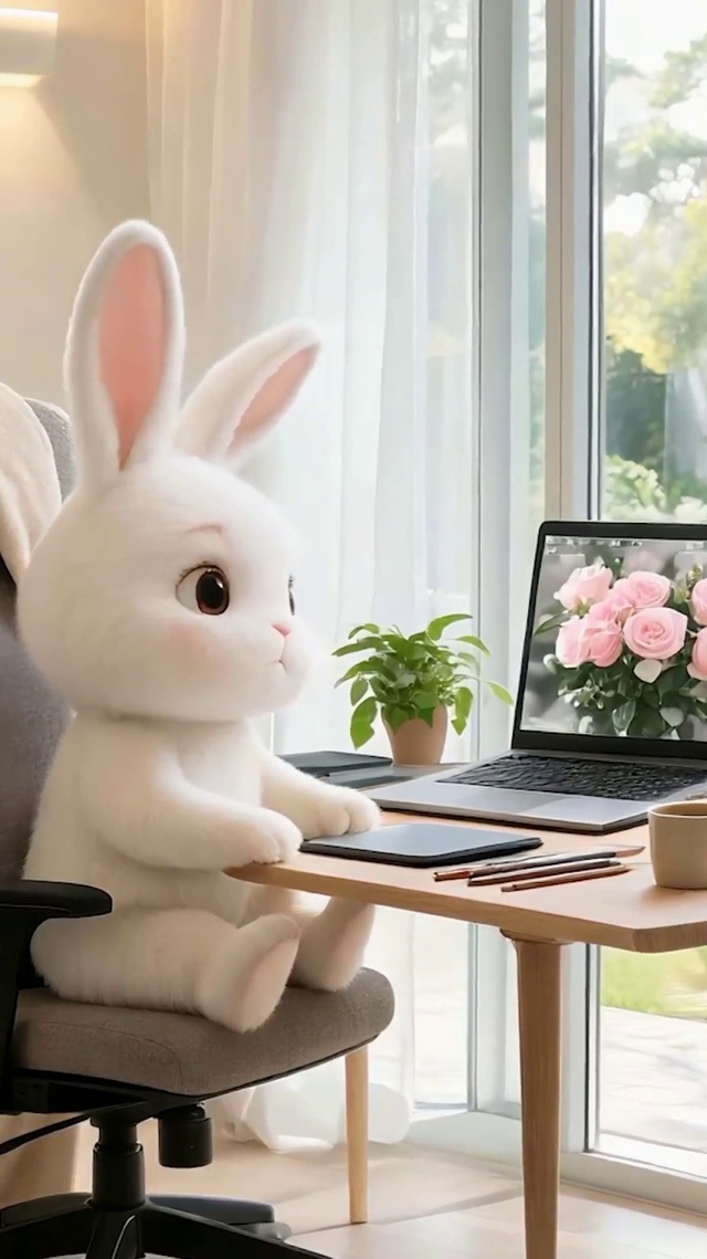 萌宠兔子看电脑