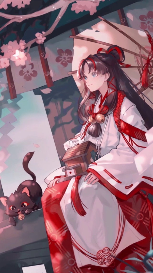 东方博丽灵梦和服少女与猫