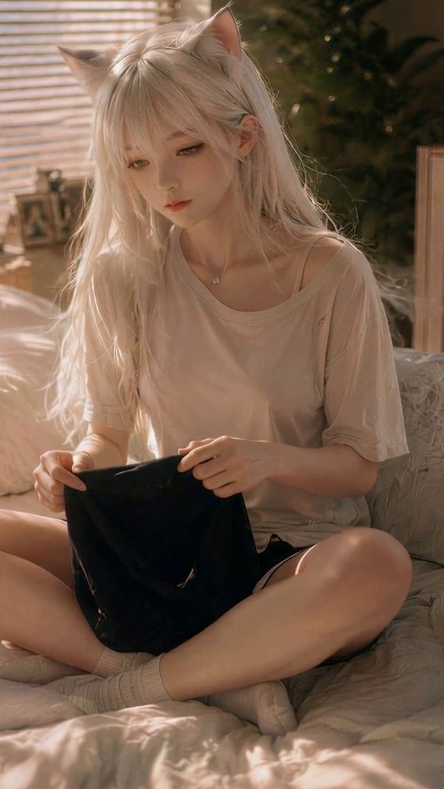 慵懒卧室猫耳白发美少女