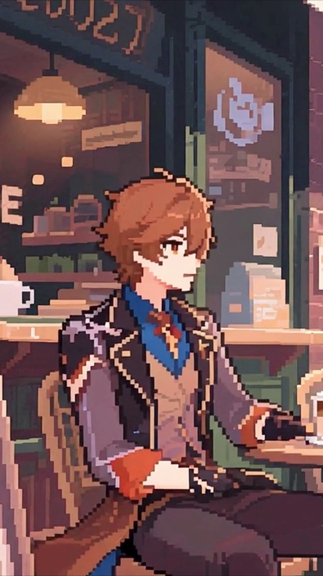 喝咖啡聊工作的像素钟离和甘雨