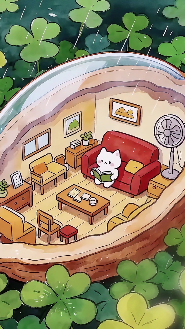 四叶草地核桃小屋看书的小猫