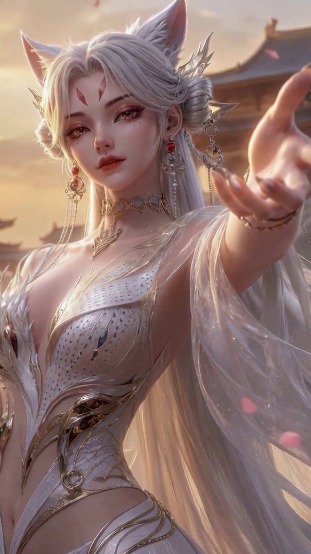 古风狐耳白发美少女