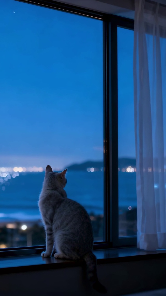 蓝夜窗边猫咪望海