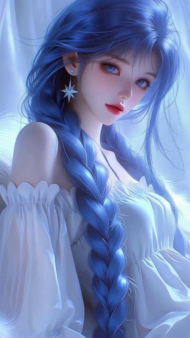 梦幻蓝发月下纯欲美少女