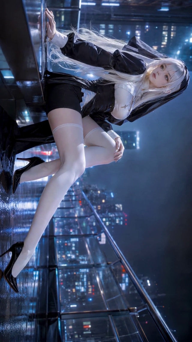 雨夜都市银发修女美少女