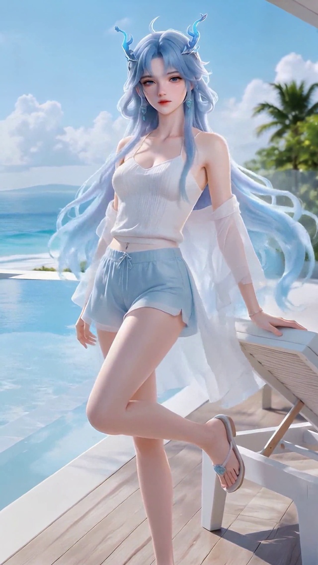 海边度假蓝发少女清宵