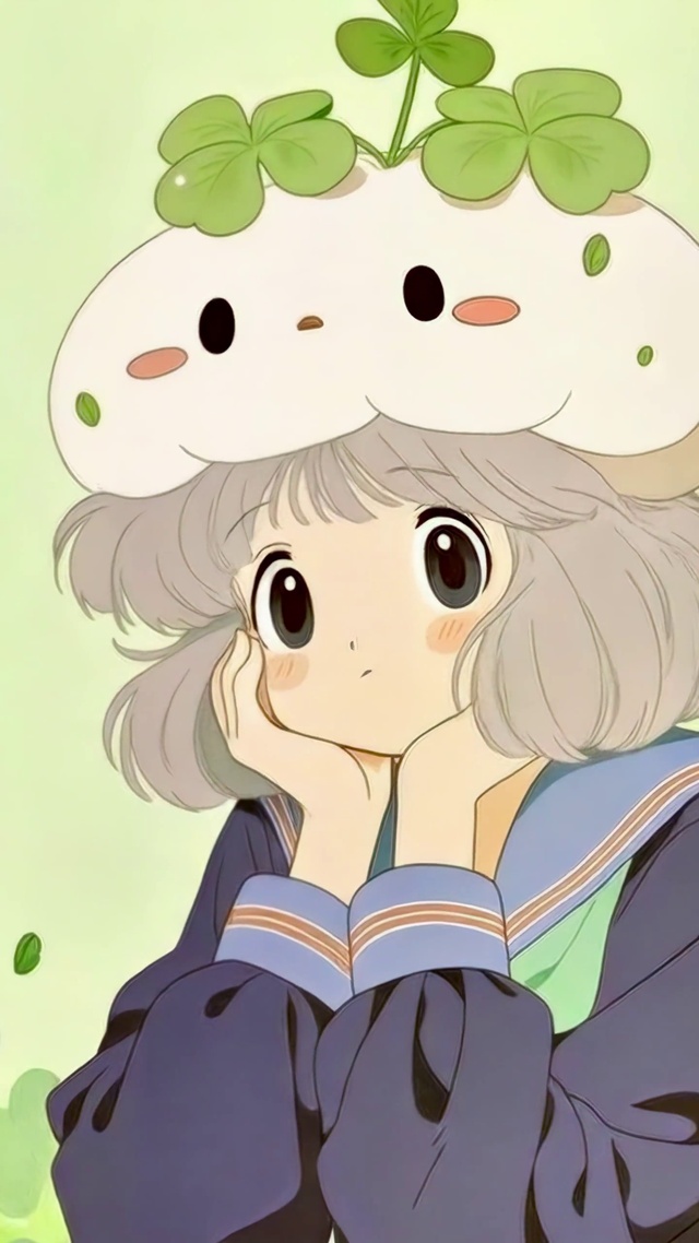 三叶草里的云朵帽少女