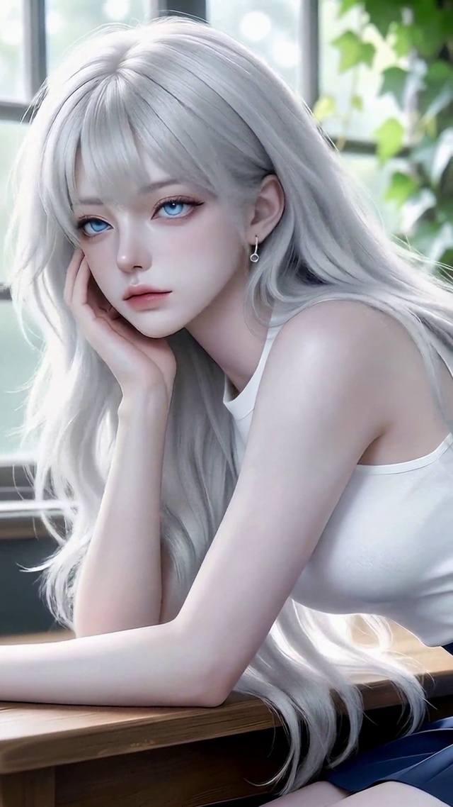 窗边银发清纯美少女