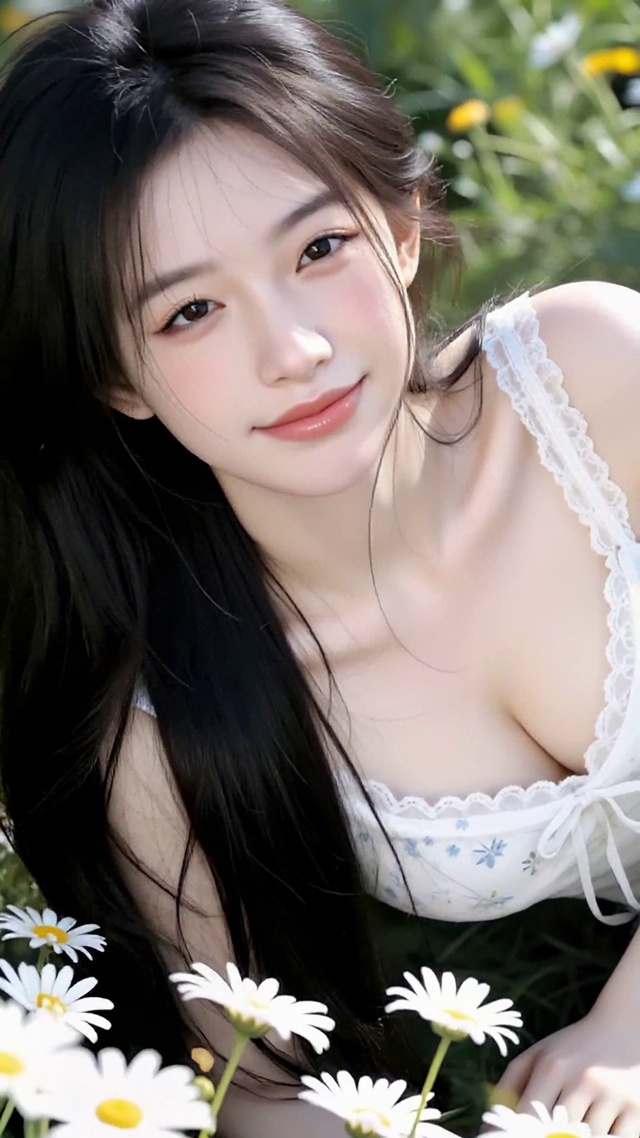 雏菊花丛的清纯美少女