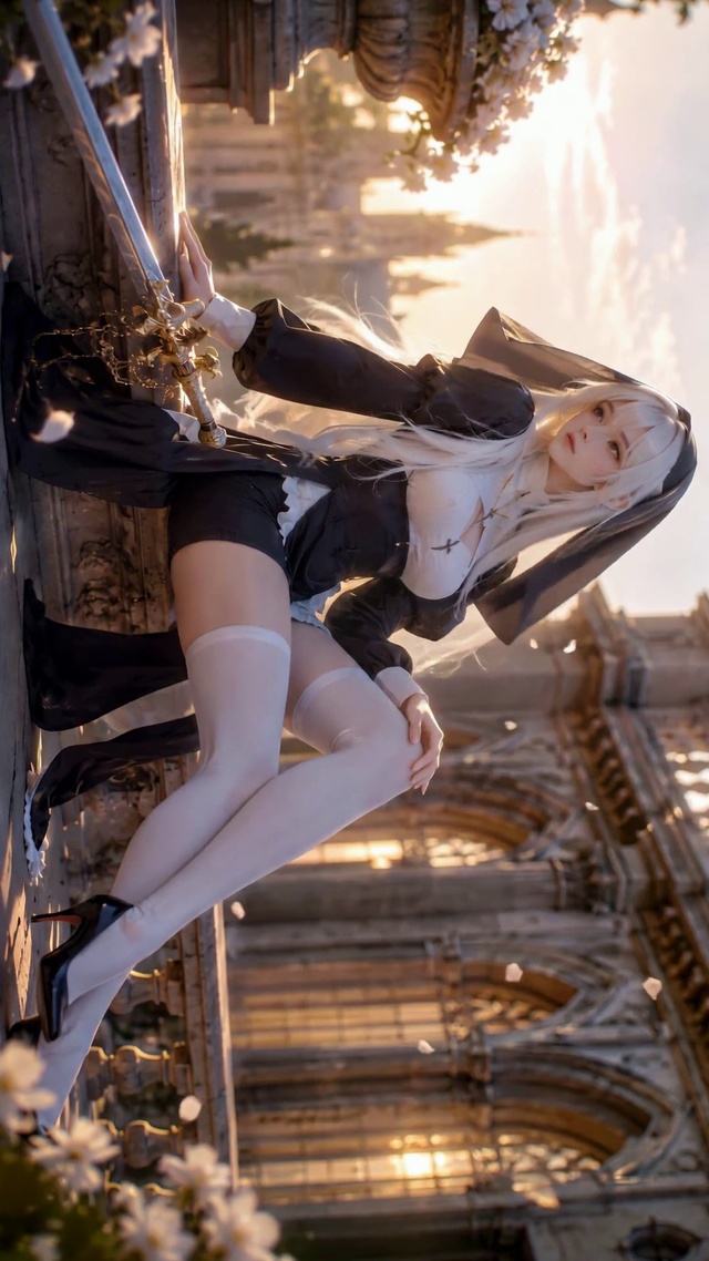 夕阳古堡银发修女美少女
