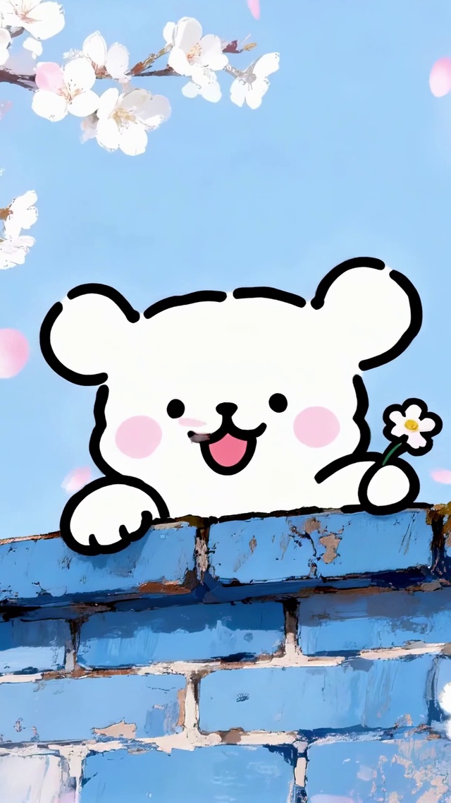 飘落樱花墙顶可爱小狗