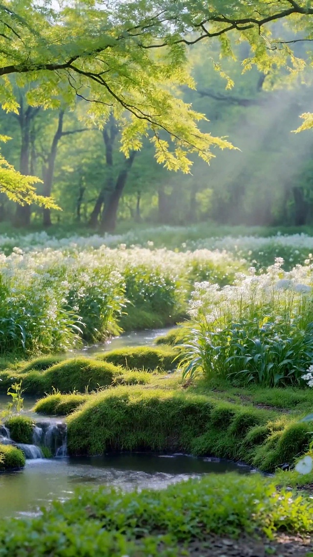 治愈林间溪流白花盛景