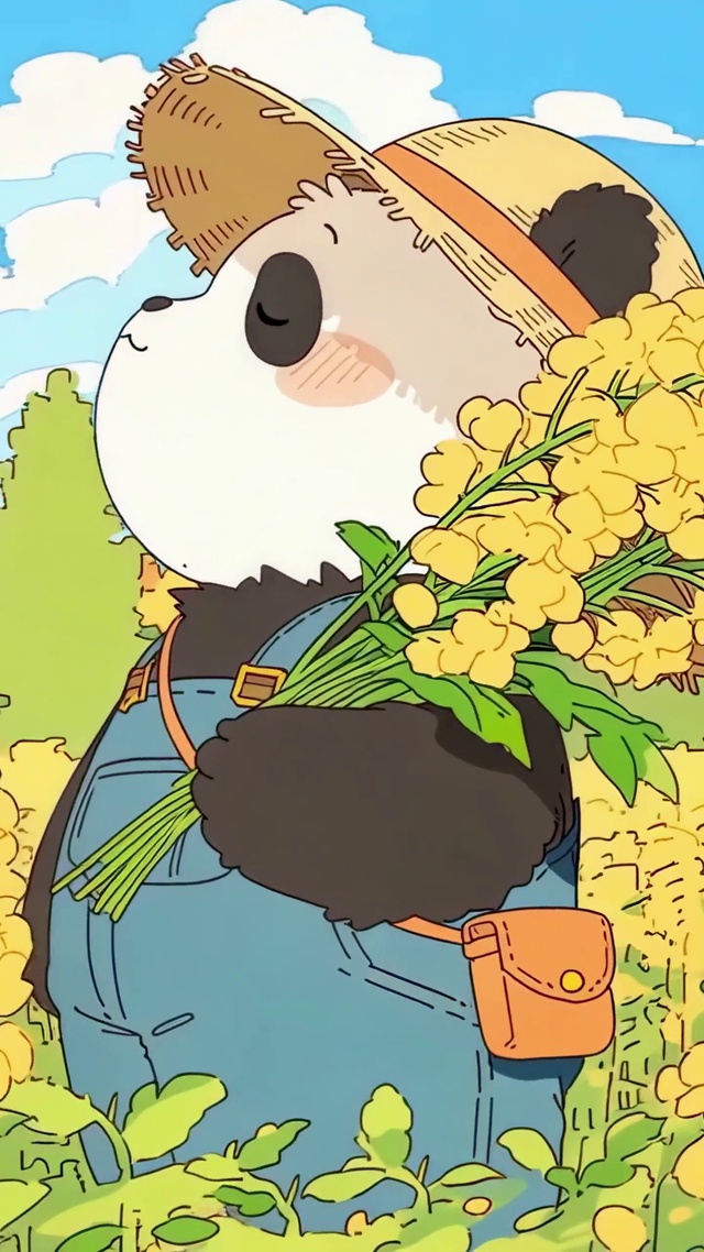 油菜花田里的农夫熊猫