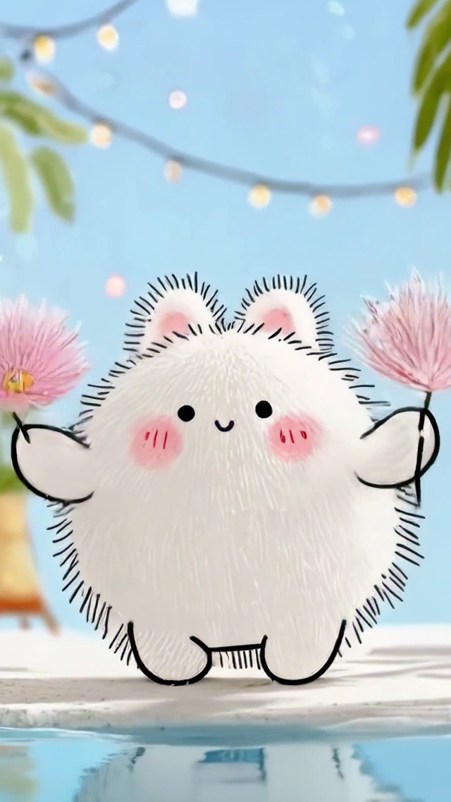 泳池边举花可爱团子