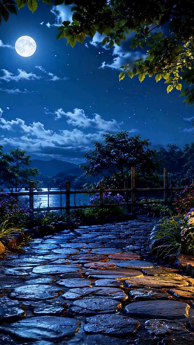 月夜湖畔花径唯美夜景