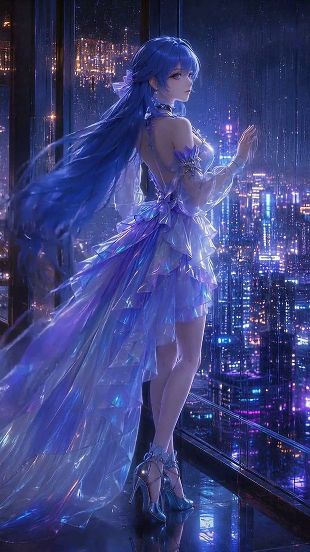 雨夜窗边蓝发礼服美少女