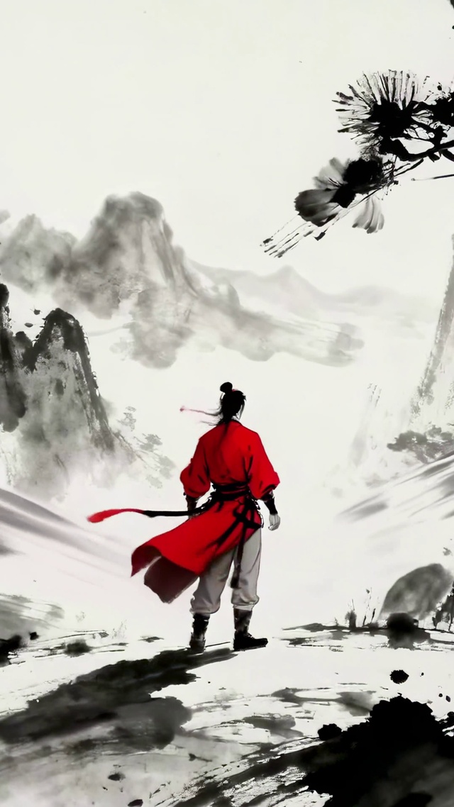 水墨风红衣武侠少侠一览众山小