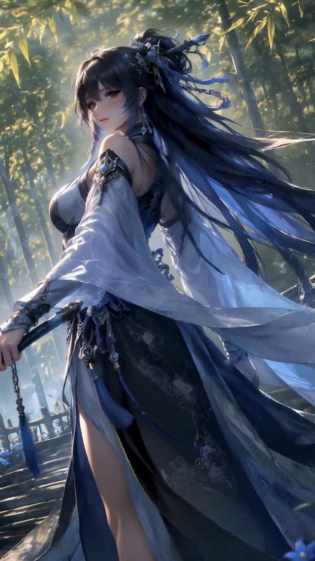 竹林瀑布古风持剑美少女